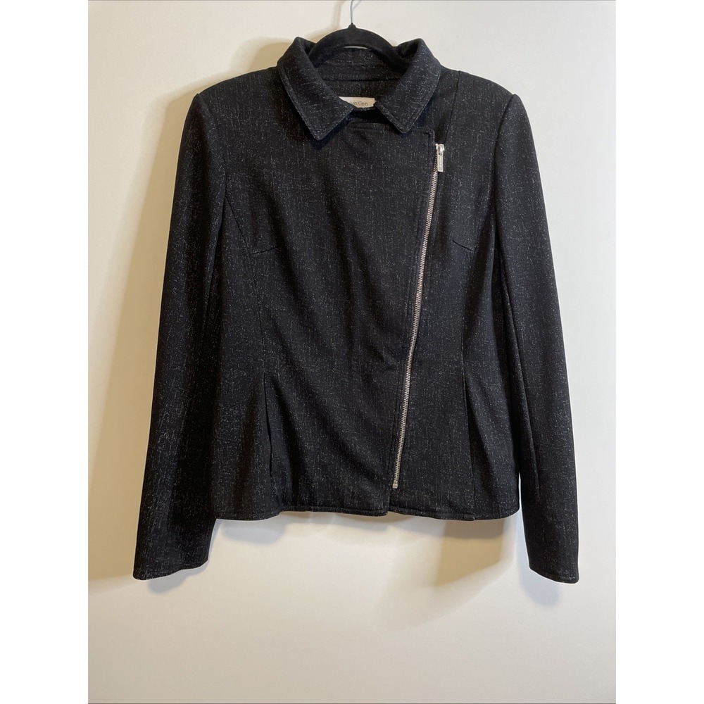 Calvin Klein 14 Black Metallic Moto Jacket Asymmetrical Zip Career